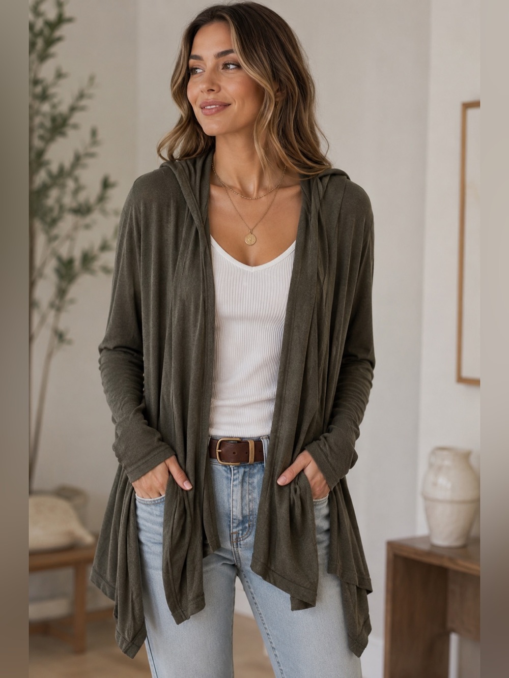 Silence + Noise Hooded Open Cardigan - Dark Olive Green Size M Boho Casual